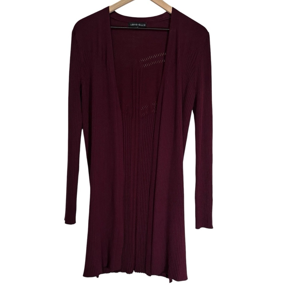 Love Ellie Duster Cardigan Large Maroon Ribbed Open Front Long Sleeve